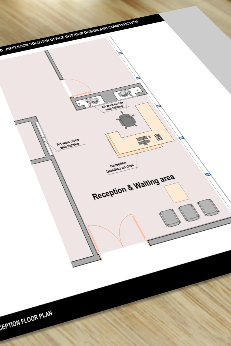 2D sketching of Jefferson solutions office as part of interior design project